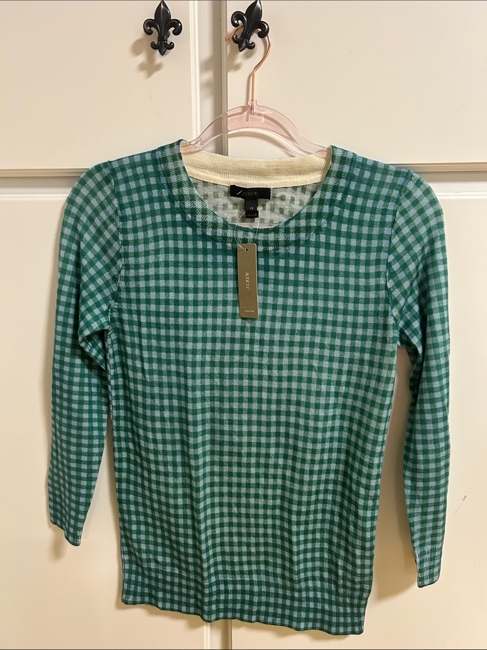 J. Crew Preppy Green and White Gingham Crewneck Merino Wool Sweater NWT XS